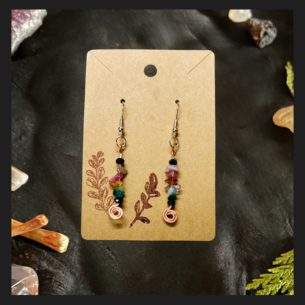 Medium Hammered Copper Coil Pin Drops with Tourmaline & Black Spinel
