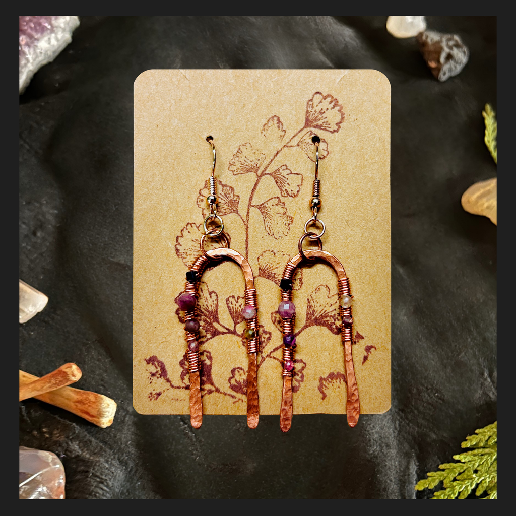 Hammered Copper Arch Earrings with Black Spinel & Tourmaline