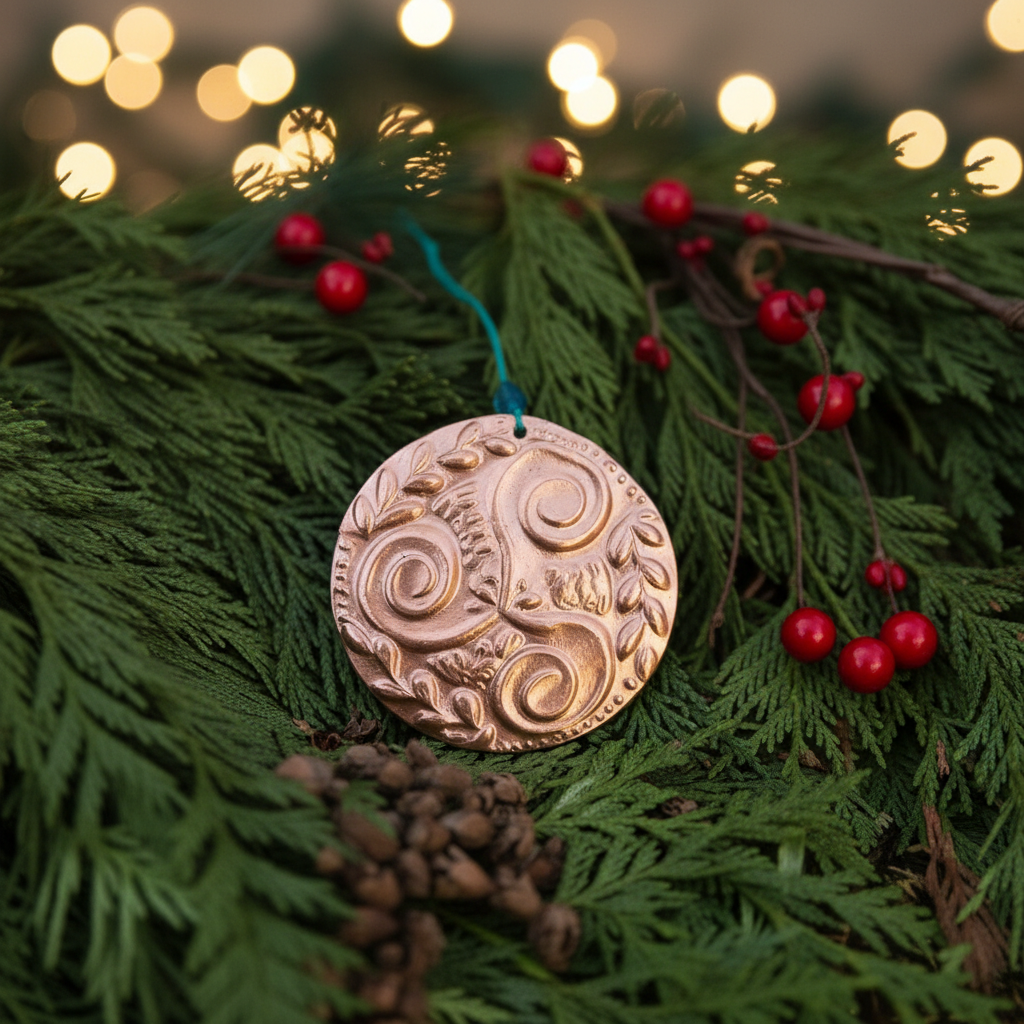 Round Swirl Copper Ornament in elegant holiday setting